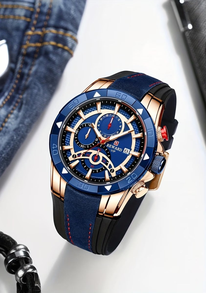 Luxury Blue Gold Men's Quartz Watch with Premium Gift Box