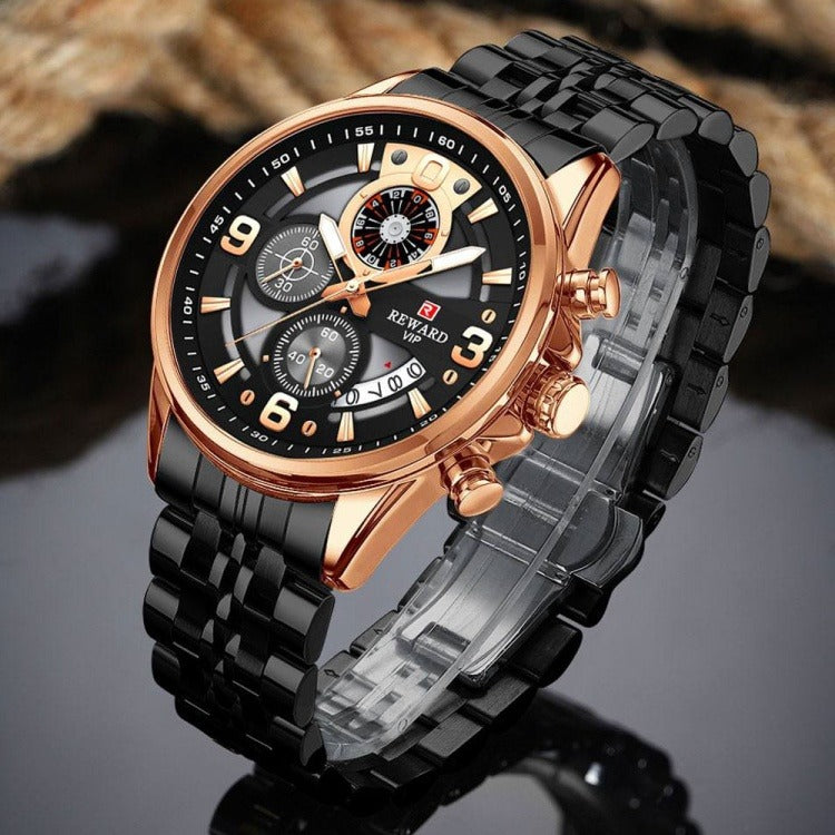 Luxury Gold Black Men's Chronograph Watch + Premium Gift Box detail view