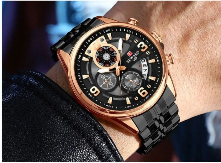 Luxury Gold Black Men's Chronograph Watch + Premium Gift Box